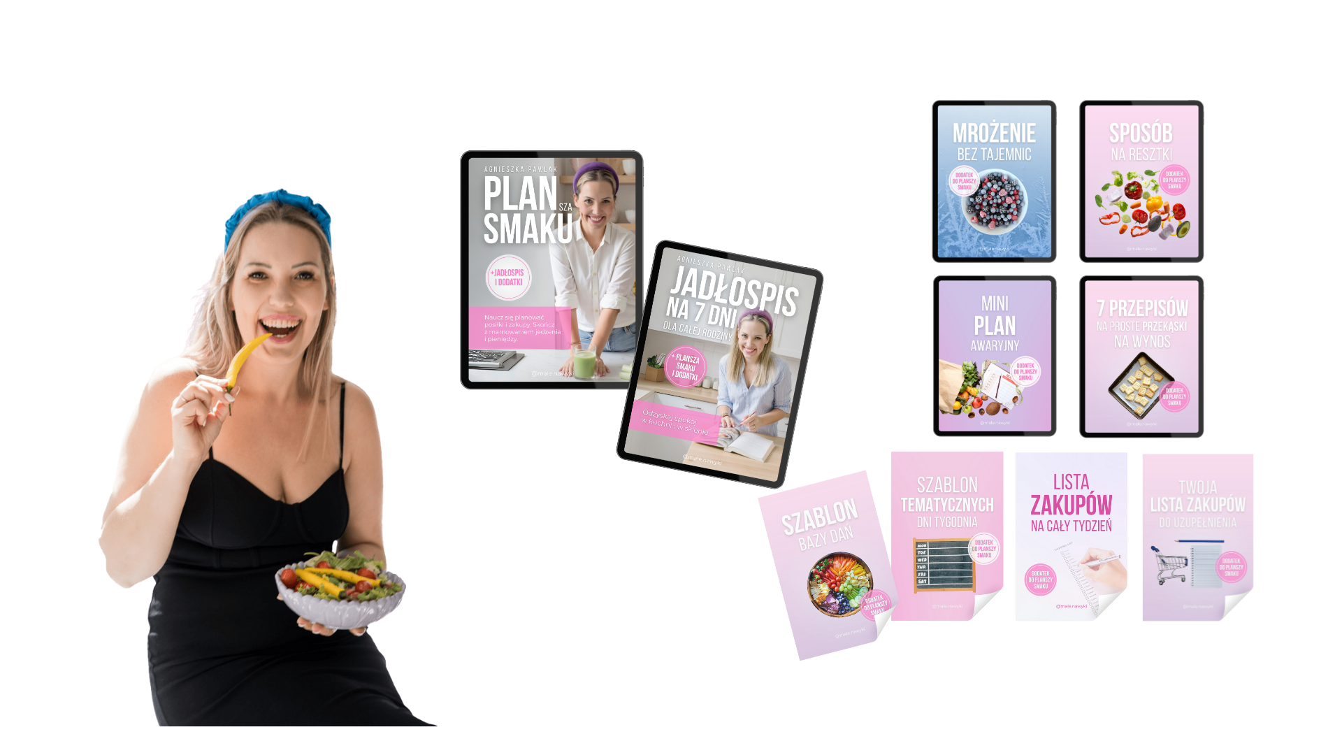 Kobieta jedząca warzywa i mockup ebooków